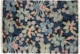 Vintage hand-knotted Jungle carpet, sprawling green, blue, pink botanical design on black, 10x14.