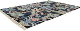 Sprawling jungle motif with detailed leaves, blossoms in powder blue, dusty rose, oxidized green.