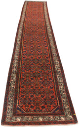 Repeating Herati motif on a long vintage Engelas runner in cherry red and sapphire.