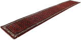 Long Persian Engelas runner displaying continuous cherry red Herati motif and sapphire borders.