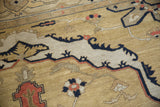 Close-up of intricate Serapi design with contrasting beige, dark navy, terra cotta motifs and full pile.