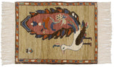 Vintage Armenian pictorial Peacock rug mat with raspberry red peacock on abrashed beige field.