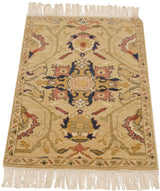 Angled perspective of the vintage Armenian rug mat, displaying its full, even pile and traditional fringe.