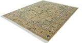 Vintage Armenian Heriz carpet shown at an angle, displaying its full pattern, lush pile, and ivory fringe.