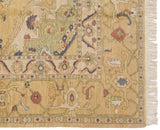 Heriz design carpet corner, Samovar turtle border, floral vinery, dusty navy, sage green, fringe.