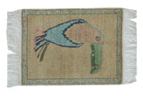 Vintage hand-knotted Armenian pictorial toucan square rug, sand field, blue vine border, 1'10