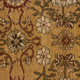 Detail of fiery roundel palmettes with checkered lily centers on a golden wool pile.