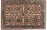 Vintage Kerman design carpet with a paneled Garden of Paradise motif featuring trees in terracotta and blue.