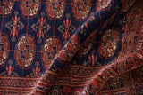 High sheen and luster on the plush navy wool pile of a vintage Bokhara rug.