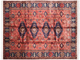 Vintage Pakistani Caucasian rug with dusty raspberry field, navy geometric medallions, 8'2