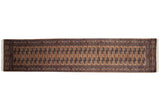 Vintage Fine Bokhara rug runner with repeating gul medallions in camel, brown, navy, 2'7