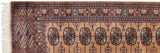 Fine Bokhara rug's detailed gul medallions and intricate geometric border.