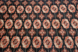 Geometric elephant footprint pattern with terra cotta and ivory gul medallions on black.