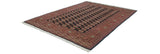 Corner of a vintage Bokhara carpet showing terra cotta geometric borders and gul medallions.