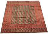 Vintage Bokhara square carpet with a lustrous emerald green field and repeating rust-colored gul medallions.