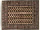 Vintage fine Bokhara carpet with a field of repeating gul medallions in brown, bronze, and navy blue.