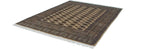 Angled view of a vintage Bokhara carpet highlighting the silk-like sheen and repeating gul pattern.