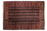 Vintage Bokhara carpet with rows of terracotta and ivory gul medallions across a black field.