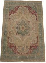 Vintage Kerman design carpet with a detailed Cyprus tree border and central starburst medallion.