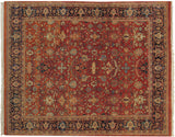 Vintage Mahal carpet with a rust field of turtle and Samovar motifs, framed by a navy blue border.
