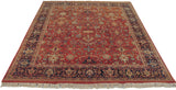 Angled view of a vintage Mahal carpet's terra cotta field with turtle and Samovar motifs.