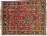 Intricate turtle and Samovar floral patterns in rust, blue, and beige on the carpet's full pile.