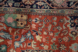 Vintage Indian Bijar rug with rust gul ferang scrolling rose motifs and navy vine border.