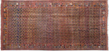 Antique Afshar carpet with staggered botehs on a navy field and a main border of paneled cartouches.