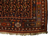 Intricate boteh field, paneled cartouche borders, and fringe on an antique Persian Afshar carpet corner.