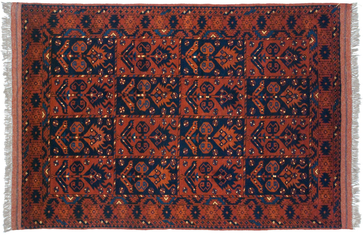 Vintage Taghan rug with a paneled tree of life design in chestnut brown and deep navy blue.