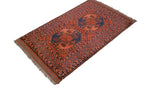 Hand knotted Pakistani Ersari rug displaying geometric elephant footprint guls, chestnut brown and navy blue.