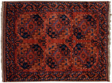 Vintage Pakistani Ersari rug with six large elephant footprint guls in a copper, red, and navy blue palette.