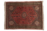 Vintage Persian Abadeh rug, dusty blush diamond medallion, field of plants, birds, serpents, 3'4