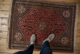 Vintage Abadeh rug corner showing beige fringe, coffee brown geometric borders, and oxidized motifs.