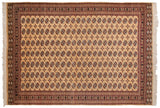 Vintage Bokhara carpet with repeating guls on a saffron gold field and detailed geometric borders.