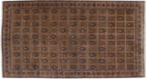 Vintage Bulgarian Tabriz design carpet with a compartmentalized garden motif in brown, rust, and blue.