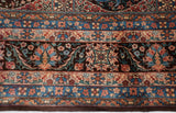 Rows of compartmentalized floral panels in sky blue, beige, and rust on a brown ground.