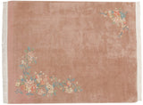 Vintage Japanese Art Deco carpet, dusty rose field with colorful floral vines, 8x10.