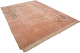 Plush pale dusty rose pile with natural beige fringe on Japanese Art Deco carpet.