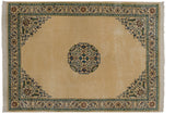 Vintage Japanese Arts and Crafts carpet: ivory field, roundel medallion, corner spandrels, scrolling vines.
