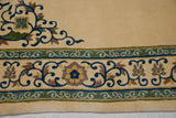 Vintage Japanese Arts and Crafts rug corner: ivory field, indigo vines, and floral details.