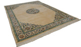 Vintage Japanese Arts and Crafts rug corner with detailed blue scrolling vine border and fringe.
