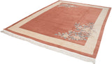 Vintage Art Deco carpet close-up, clean white fringe, ivory border, and apricot field.