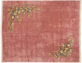 Vintage Japanese Art Deco design carpet with a pink field, multicolored floral sprays, and shadow embossed carving, 12x15.