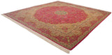 Vintage Bulgarian square carpet viewed from an angle, showcasing its grand scale and pattern.