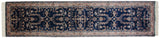 Navy blue field with sprawling beige floral design and detailed Sarouk runner border.