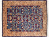 Vintage Arts and Crafts Indian carpet with a blue floral field, red accents, and a wide beige vine border.