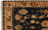 Corner of Indian Azeri design carpet: antique ivory border, navy field, oversized copper floral motifs.