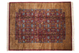 Vintage Indian Arts and Crafts rug with wine red field, splayed florals, golden vines, 9'3
