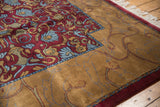 Vintage Indian Arts and Crafts carpet corner: wine red floral field, gold vine border, and fringe.